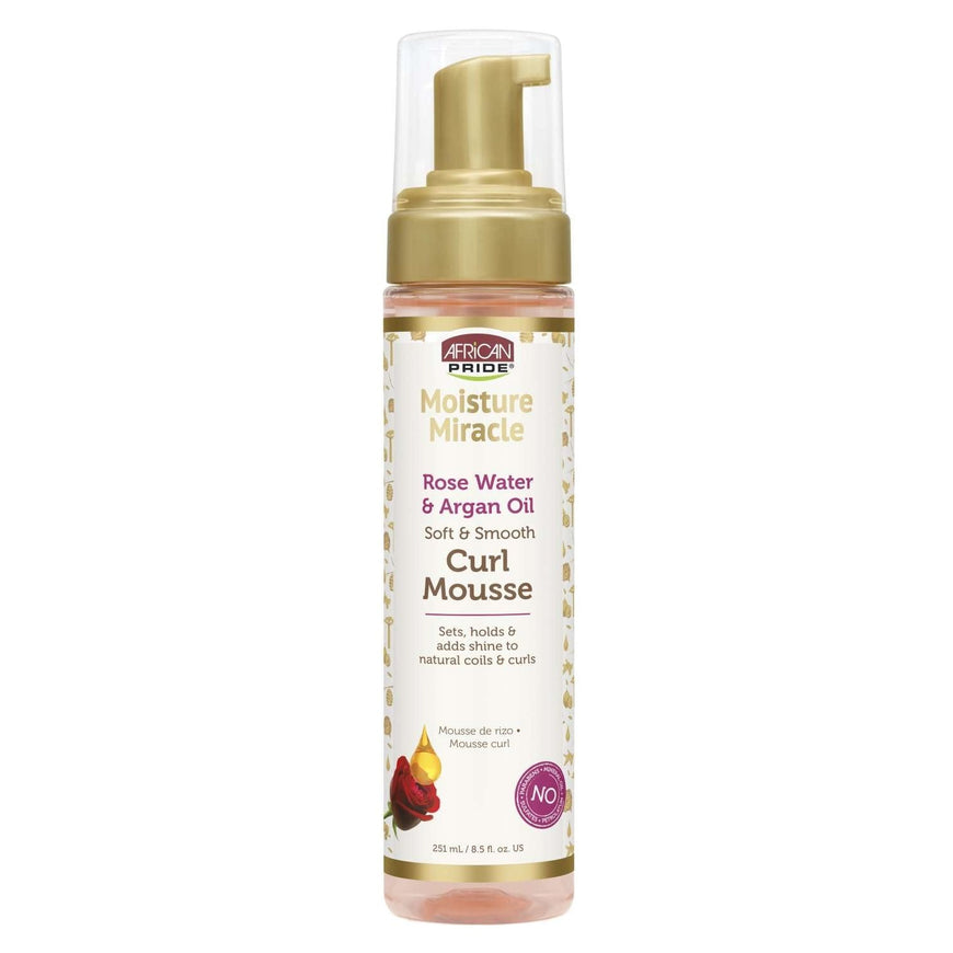 African Pride Moisture Miracle Curl Mousse With Rose Water And Argan Oil For Defined Curls And Frizz Control